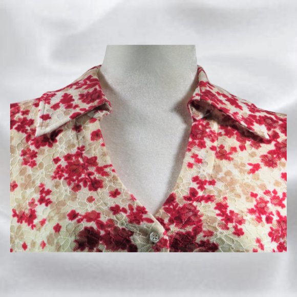 INC Petite Red Flower Beige Shirt in Size Large - Picture 2 of 7
